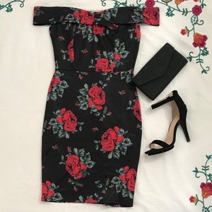 Off the Shoulder Satin Rose Print Dress